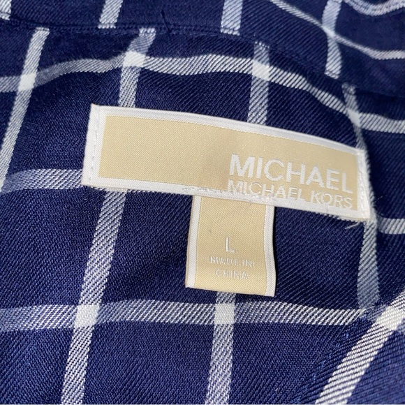 MICHAEL  Michael Kors Plaid Blouse Women’s Large Navy White‎ Plaid Gold Buttons - Picture 3 of 16